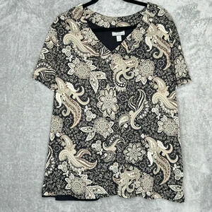 Croft & Barrow 3X Short Top Brown Floral Short Sleeve V Neck Casual Womens